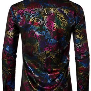 ZEROYAA Men's Luxury Prom Design Slim Fit Long Sleeve Button up Party Dress Shirts ZZCL48 Black Multicolored Large