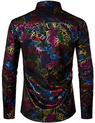 ZEROYAA Men's Luxury Prom Design Slim Fit Long Sleeve Button up Party Dress Shirts ZZCL48 Black Multicolored Large