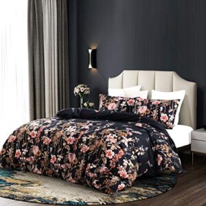 GETIANN Black Floral Duvet Cover Set Full/Queen Comforter Cover Set 90"x90" 3 Pieces Soft Lightweight Bedding (Black Floral)