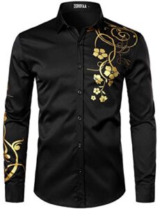 zeroyaa men's hipster shiny design slim fit long sleeve button up party dress shirts zzcl62 black medium