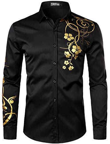 ZEROYAA Men's Hipster Shiny Design Slim Fit Long Sleeve Button Up Party Dress Shirts ZZCL62 Black Medium