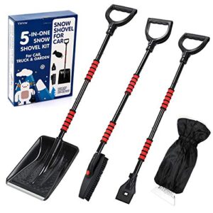 snow shovel kit removal tools - 5 in 1 foldable car snow shovel + snow brush + ice scraper + glove + mini ice scraper, portable emergency snow remover shovel set for car truck camping outdoor