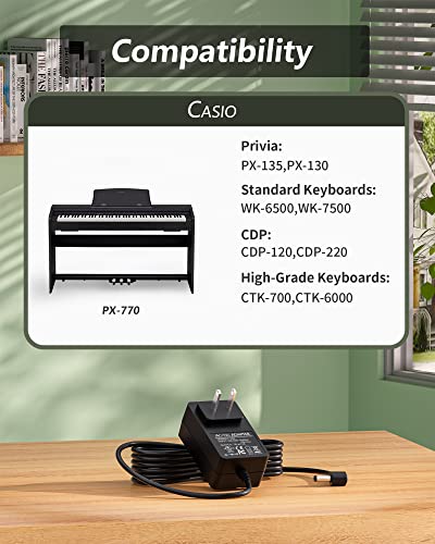 Replacement for Casio Privia Power Cord 12V AC Adapter Compatible with Casio Privia Digital Piano Keyboard Power Supply, Compatible with AD-A12150LW AD-A12150 PX WK CDP AP CTK Series