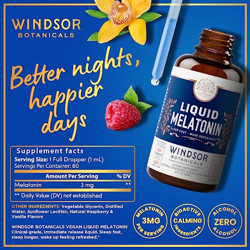 Liquid Melatonin 3mg Drops for Adults and Kids - Max Strength, Sleep Fast, Wake Fresh Sublingual - Vegan Kids Melatonin Liquid for Children Ages 6 and Up - Raspberry Vanilla Flavor Tincture - 2 oz