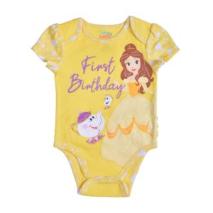 disney princess girls’ ariel, belle, cinderella and rapunzel 1st birthday bodysuit for infant – yellow