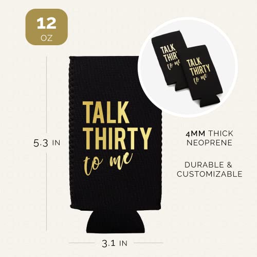 Talk Thirty To Me Can Coolers, 30th Birthday Party Coolies, Set of 12, Black/White/Pink and Gold Thirtieth Birthday Cup Coolers, Perfect for Birthday Parties, Birthday Decorations (Black, Slim)