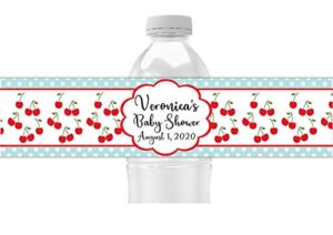 cherry pattern water bottle labels, pack of 25 personalized peel and stick waterproof wrappers for birthday party favors