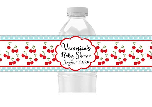 Cherry Pattern Water Bottle Labels, Pack of 25 Personalized Peel and Stick Waterproof Wrappers for Birthday Party Favors