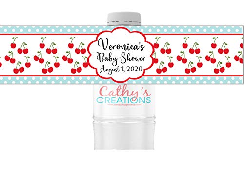 Cherry Pattern Water Bottle Labels, Pack of 25 Personalized Peel and Stick Waterproof Wrappers for Birthday Party Favors