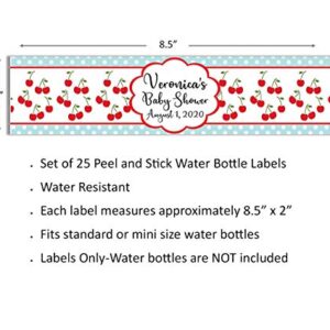 Cherry Pattern Water Bottle Labels, Pack of 25 Personalized Peel and Stick Waterproof Wrappers for Birthday Party Favors