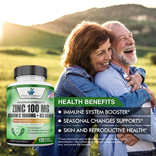 Zinc 100mg, Vitamin C 1000mg, Vitamin D 5000IU per Serving, Immune Support for Adults, Immune System Booster Supplements, Non GMO, No Filler, No Stearate, 120 Vegan Capsules, 60 Day Supply