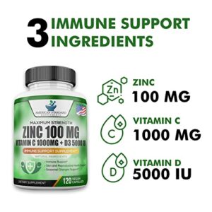 Zinc 100mg, Vitamin C 1000mg, Vitamin D 5000IU per Serving, Immune Support for Adults, Immune System Booster Supplements, Non GMO, No Filler, No Stearate, 120 Vegan Capsules, 60 Day Supply