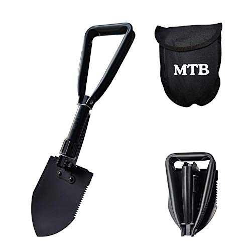 MTB Military Folding Shovel Camping Shovel,High Carbon Steel Entrenching Tool w/Wood Saw Edge and Tactical Carry Case, 18.3 Inch, Black