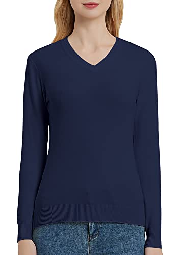 Urban CoCo Women's V Neck Long Sleeve Solid Classic Knit Pullover Sweater Tops (Navy Blue, L)