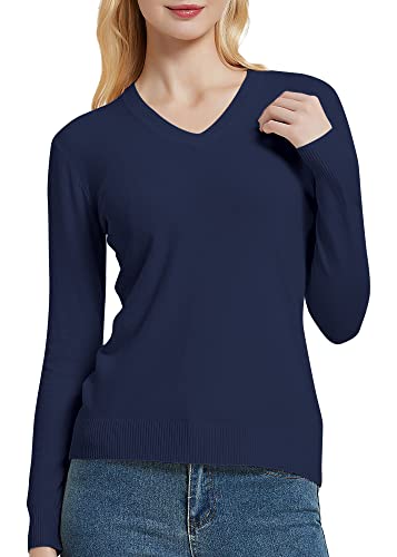 Urban CoCo Women's V Neck Long Sleeve Solid Classic Knit Pullover Sweater Tops (Navy Blue, L)