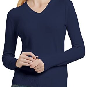 Urban CoCo Women's V Neck Long Sleeve Solid Classic Knit Pullover Sweater Tops (Navy Blue, L)