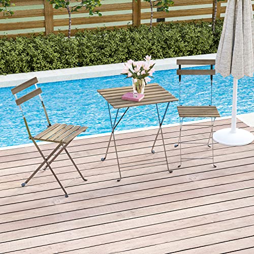 HOMPUS 3-Piece Patio Bistro Set Folding Table and Chairs, Wooden Weather Resistant Outdoor Furniture Sets, Metal Frame Patio Balcony Furniture Set, Acacia for Front Porch, Garden, Pool, Deck, Backyard