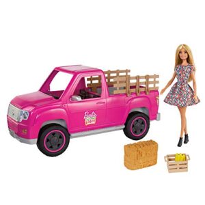 barbie sweet orchard farm truck & doll set, blonde doll & pink truck with working tailgate, hay bale, crate & corn, gift for 3 to 7 year olds