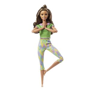 barbie made to move doll with 22 flexible joints & long wavy brunette hair wearing athleisure-wear for kids 3 to 7 years old , green