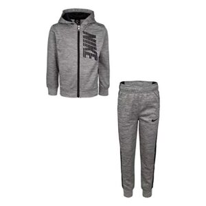 nike boy`s therma full zip hoodie & pants 2 piece set (grey heather(86g806-g9y)/black, 4)