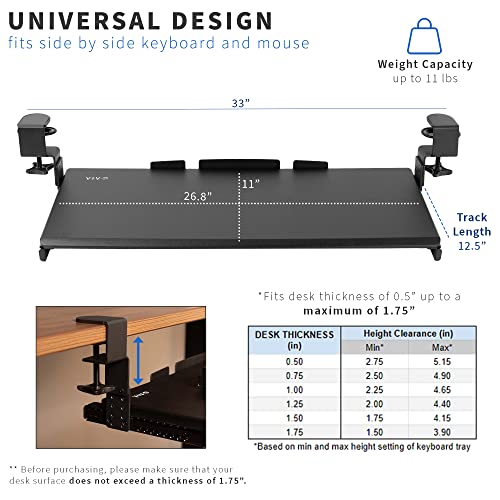 VIVO Large Height Adjustable Under Desk Keyboard Tray, C-clamp Mount System, 27 (33 Including Clamps) x 11 inch Slide-Out Platform Computer Drawer for Typing, Black, MOUNT-KB05HB