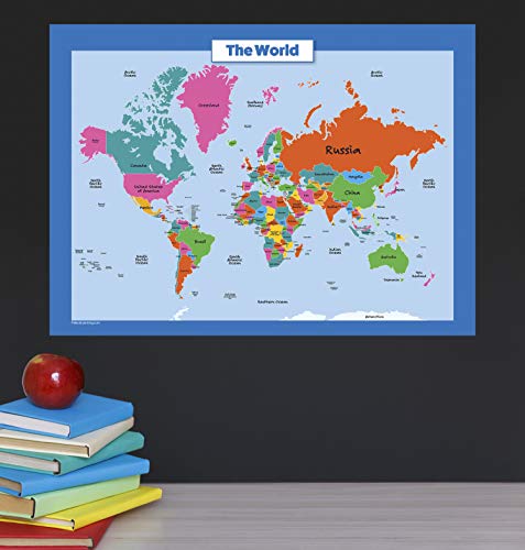 3 Pack - USA & World Map for Kids + Learning to Tell Time Poster Set (LAMINATED, 18" x 24")