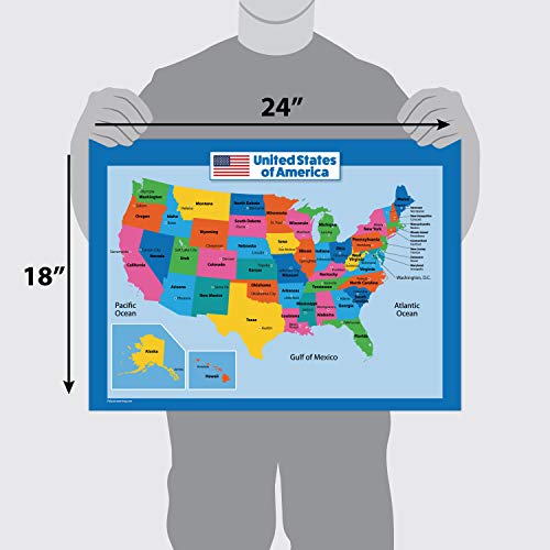 3 Pack - USA & World Map for Kids + Learning to Tell Time Poster Set (LAMINATED, 18" x 24")