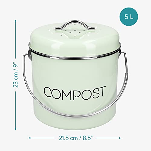 Navaris Compost Bin for Kitchen Counter - 1.3 Gallon (5L) Metal Countertop Composter Bucket with 3 Charcoal Filters and Lid - Mint Green, Size Medium