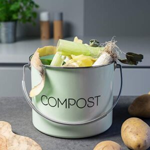 Navaris Compost Bin for Kitchen Counter - 1.3 Gallon (5L) Metal Countertop Composter Bucket with 3 Charcoal Filters and Lid - Mint Green, Size Medium