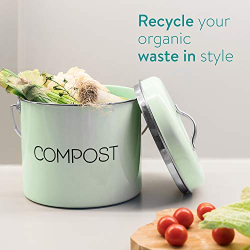 Navaris Compost Bin for Kitchen Counter - 1.3 Gallon (5L) Metal Countertop Composter Bucket with 3 Charcoal Filters and Lid - Mint Green, Size Medium