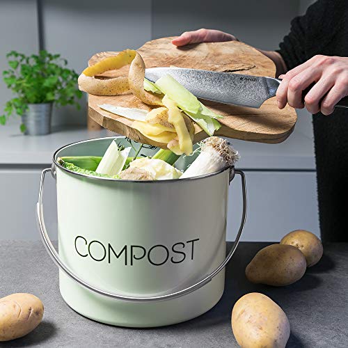 Navaris Compost Bin for Kitchen Counter - 1.3 Gallon (5L) Metal Countertop Composter Bucket with 3 Charcoal Filters and Lid - Mint Green, Size Medium