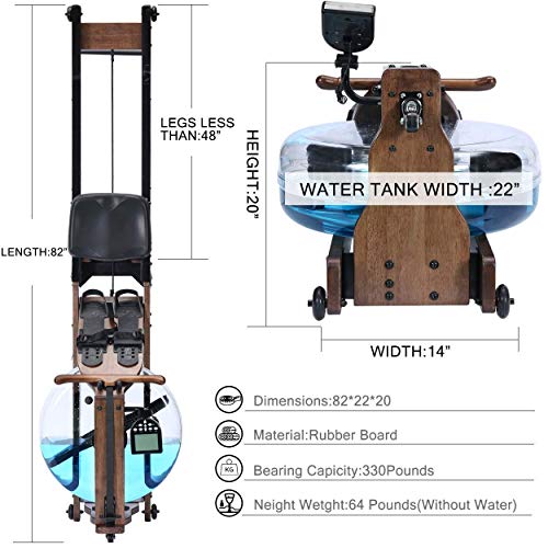 TRUNK Foldable Water Rowing Machine for Home Fitness, Classic Wood Water Rower with Bluetooth Monitor Whole Body Exercise Cardio Training (Included an Dust Cover and Phone Holder)