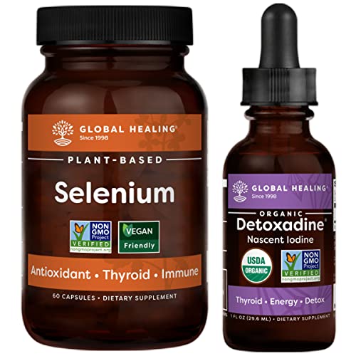 Global Healing Center Detoxadine and Selenium Kit-Organic Nascent Liquid Iodine Supplement Drops & Vegan Antioxidant for Thyroid Support & Normal Immune System Health-Women & Men-1 Fl Oz & 60 Capsules