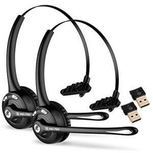 delton 10x trucker bluetooth headset, wireless headphones w/microphone, over the head single earpiece with mic for skype, call centers, truck drivers - 18hrs (with usb dongle) (2-pack)