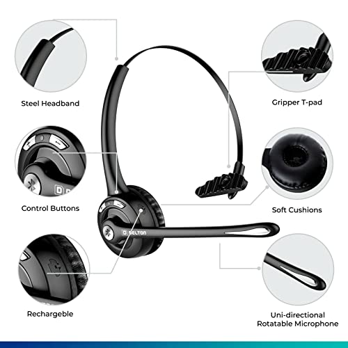 Delton 10X Trucker Bluetooth Headset, Wireless Headphones w/Microphone, Over The Head Single Earpiece with Mic for Skype, Call Centers, Truck Drivers - 18Hrs (with USB Dongle) (2-Pack)