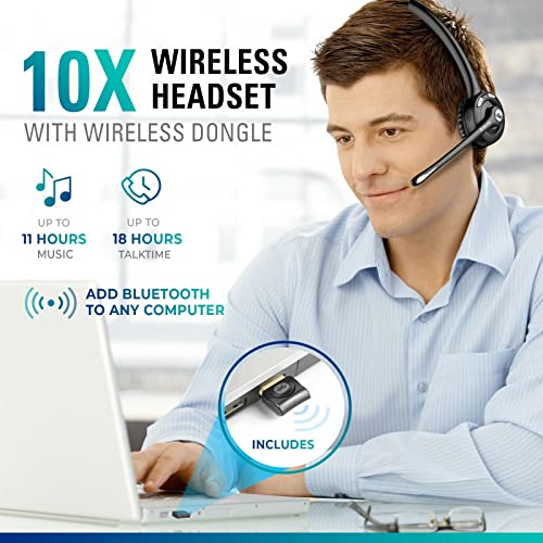 Delton 10X Trucker Bluetooth Headset, Wireless Headphones w/Microphone, Over The Head Single Earpiece with Mic for Skype, Call Centers, Truck Drivers - 18Hrs (with USB Dongle) (2-Pack)