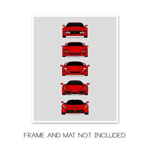 Ferrari Halo Generations Inspired Car Poster - Handmade Print of 288 GTO, F40, F50, Enzo, LaFerrari - Red, 8x10" Satin Print (Unframed) - Perfect Gift for Car Enthusiast