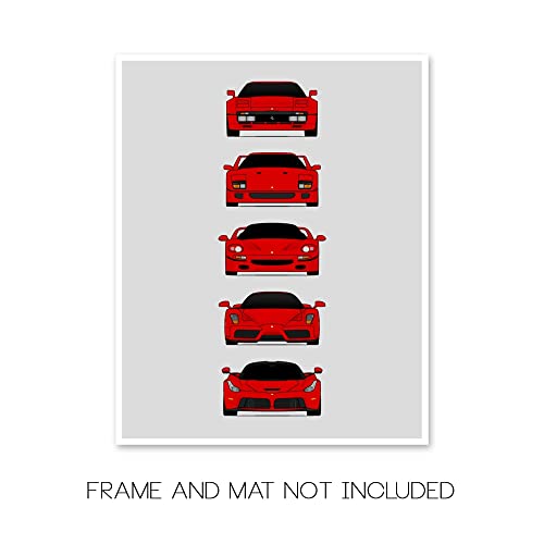 Ferrari Halo Generations Inspired Car Poster - Handmade Print of 288 GTO, F40, F50, Enzo, LaFerrari - Red, 8x10" Satin Print (Unframed) - Perfect Gift for Car Enthusiast