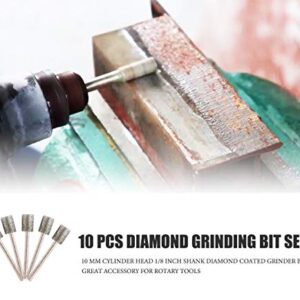10 PCS Diamond Grinding Bits, 10mm Cylinder Head,1/8” Shank, Diamond Coated Mounted Points Grinder Bits