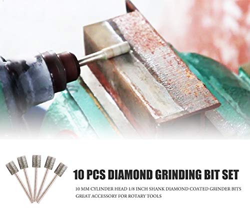 10 PCS Diamond Grinding Bits, 10mm Cylinder Head,1/8” Shank, Diamond Coated Mounted Points Grinder Bits
