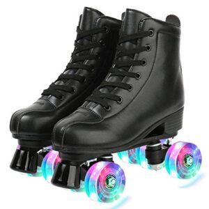 women's roller skates classic leather high top double row skates four-wheel shiny roller skates perfect indoor outdoor adult roller skates with bag (flash wheel)