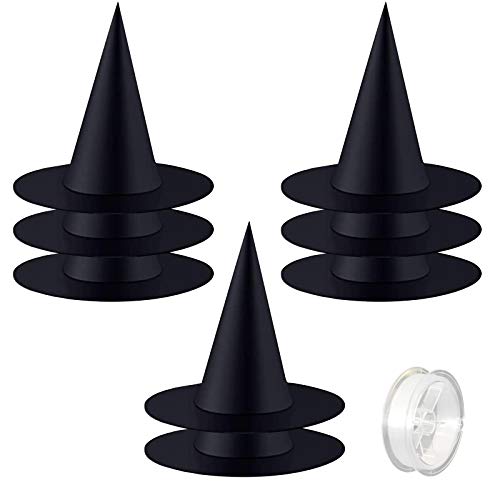 ZeeDix 8 Pcs Halloween Black Witch Hats- Halloween Hanging Decorations Witch Hat with 98 Feet Hanging Rope for Halloween Costume Accessories Party Decoration