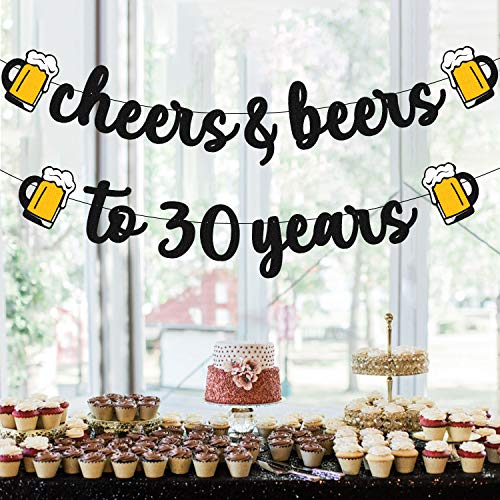 30 Birthday Banner Cheers to 30 Years Decorations for Men Women Him Her Happy Thirty Birthday Anniversary Party Supplies Black Glitter PRESTRUNG