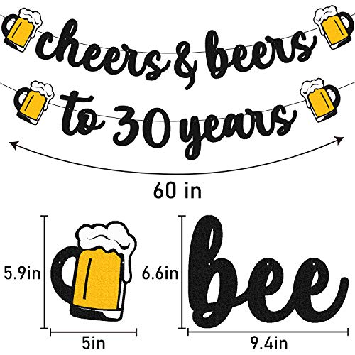 30 Birthday Banner Cheers to 30 Years Decorations for Men Women Him Her Happy Thirty Birthday Anniversary Party Supplies Black Glitter PRESTRUNG