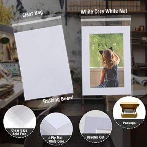 Acid Free 25 Pack 5x7 Pre-Cut Mat Board Show Kit for 4x6 Photos, Prints or Artworks, 25 Core Bevel Cut Matts and 25 Backing Boards and 25 Crystal Plastic Bags, White