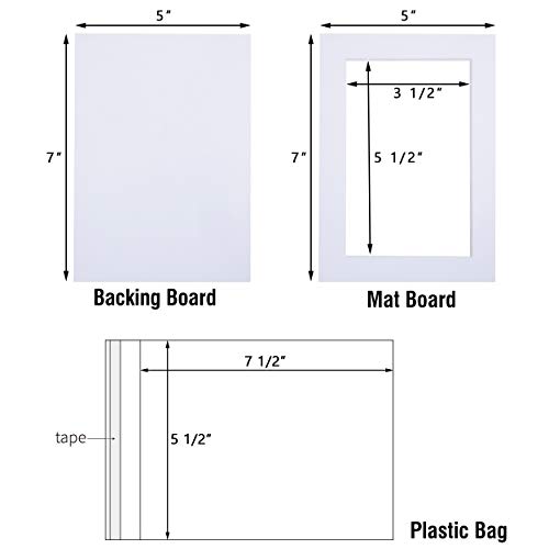 Acid Free 25 Pack 5x7 Pre-Cut Mat Board Show Kit for 4x6 Photos, Prints or Artworks, 25 Core Bevel Cut Matts and 25 Backing Boards and 25 Crystal Plastic Bags, White