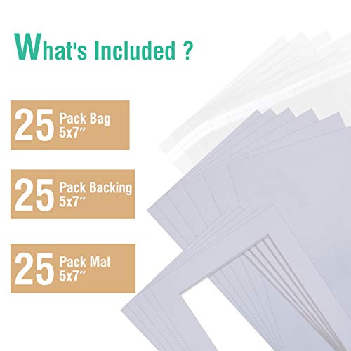 Acid Free 25 Pack 5x7 Pre-Cut Mat Board Show Kit for 4x6 Photos, Prints or Artworks, 25 Core Bevel Cut Matts and 25 Backing Boards and 25 Crystal Plastic Bags, White