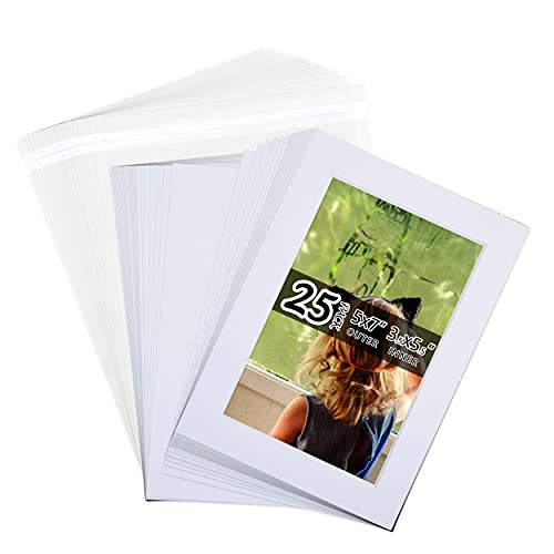 Acid Free 25 Pack 5x7 Pre-Cut Mat Board Show Kit for 4x6 Photos, Prints or Artworks, 25 Core Bevel Cut Matts and 25 Backing Boards and 25 Crystal Plastic Bags, White