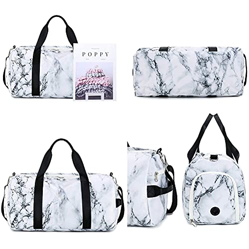 Sport Gym Duffle Travel Bag for Men Women Duffel with Shoe Compartment, Wet Pocket (Marble-White) 19.7"x9.5"x9.9"