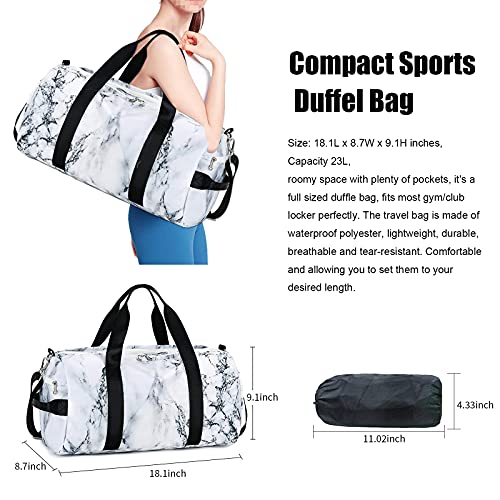 Sport Gym Duffle Travel Bag for Men Women Duffel with Shoe Compartment, Wet Pocket (Marble-White) 19.7"x9.5"x9.9"